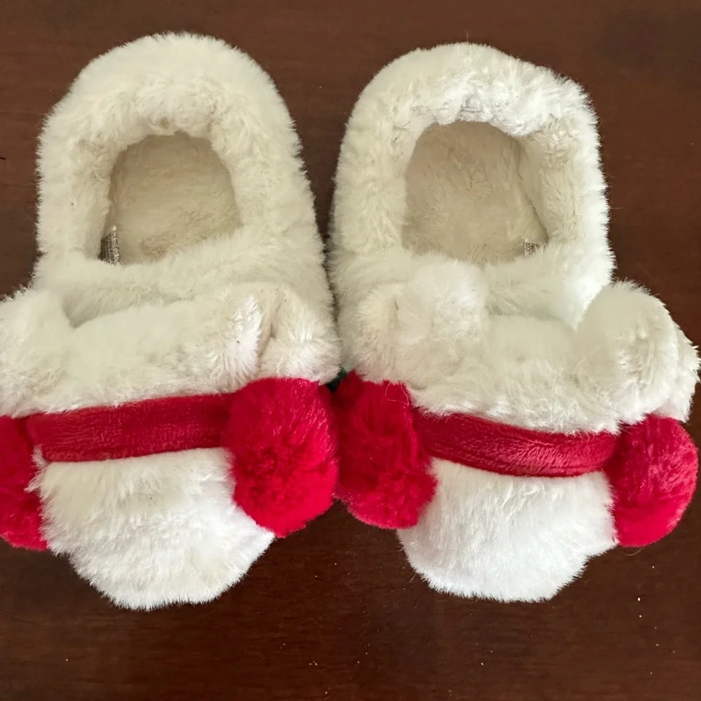 Target Kids Plush Bear Slippers in White and Red with Green Accent